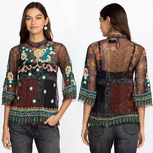 Johnny Was Renley Black Brown Blouse Sheer Mesh Floral Embroidered Size  XS